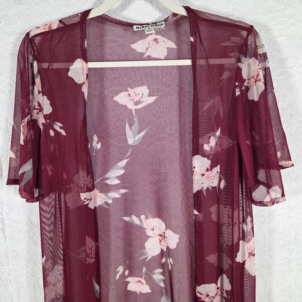 Moral Fiber Burgundy Floral Sheer Mesh Kimono Duster Cardigan Womens M Boho